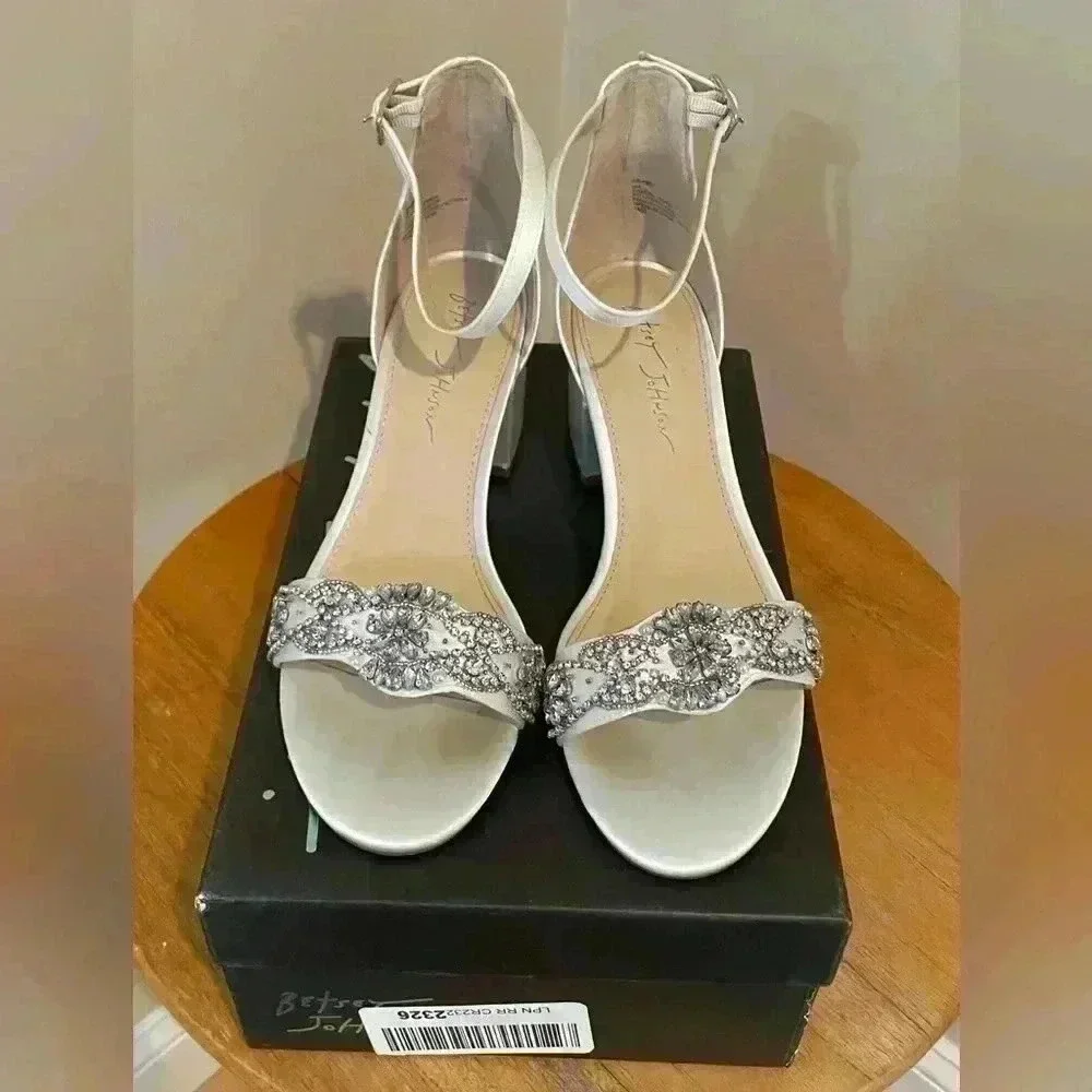 Betsey Johnson Ivory Satin Block Heel Sandals with Crystal Embellishment